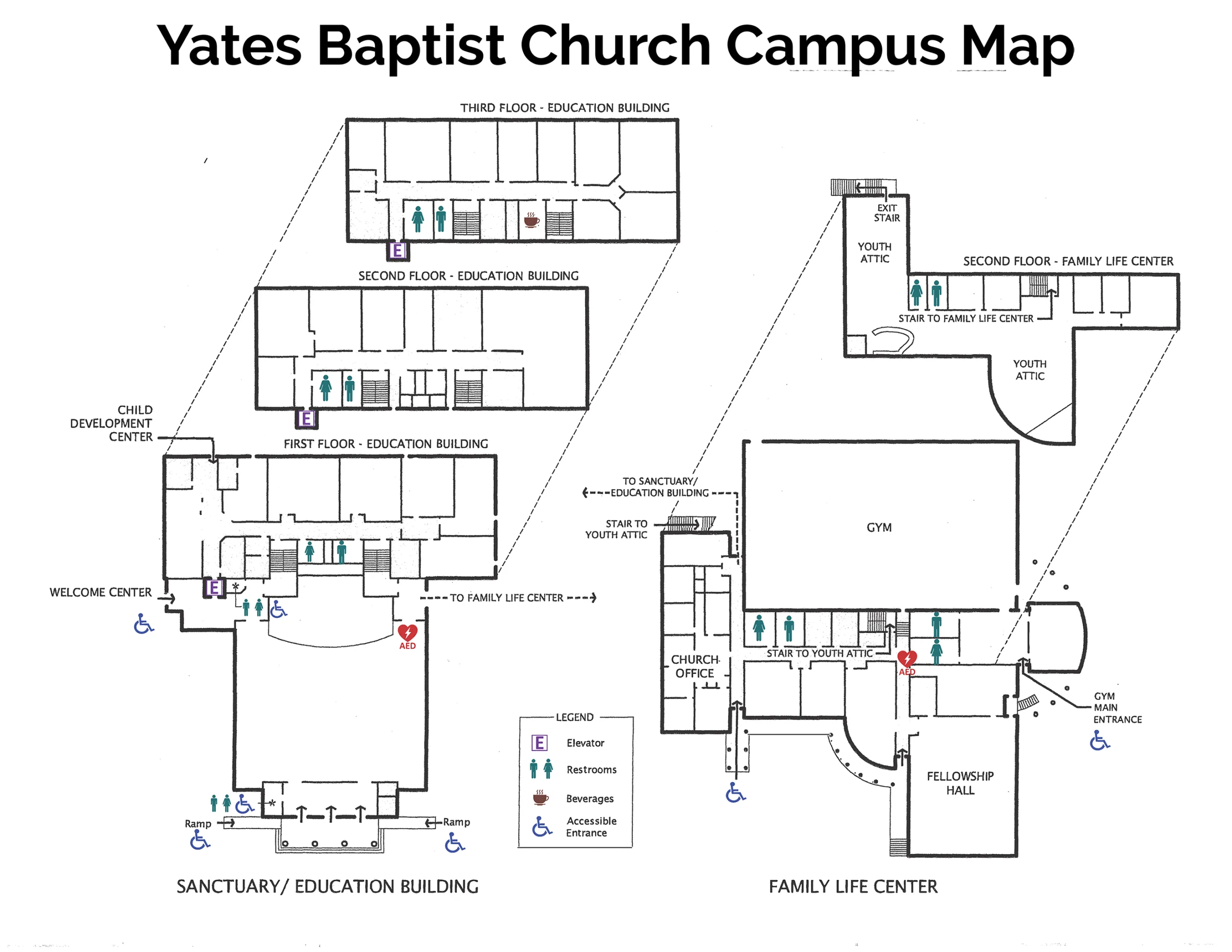 Campus plan of Yates Baptist Church showing main buildings and entrances